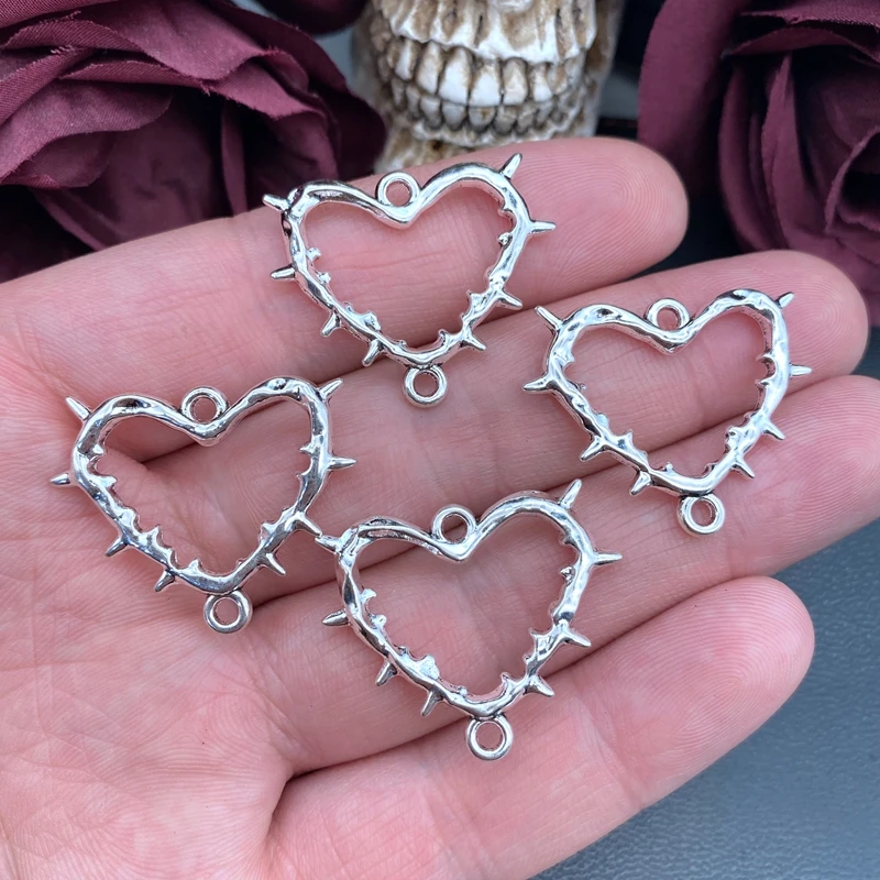 6pcs 31*28mm Goth Antique Silver Color Thorn Heart Connector Charms Pendants For Earrings Jewelry Making DIY Jewelry Findings ﻿