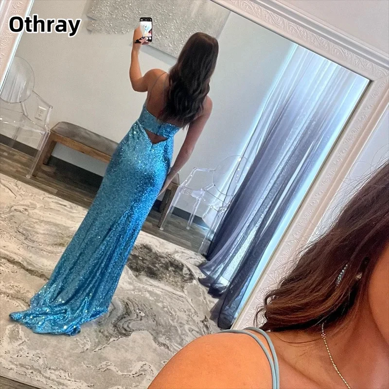 Othray Sparkling Sequined Spaghetti Straps Mermaid Split Evening Dress Sweep Train Beach Party Dress Robe De Soirée Prom Gowns