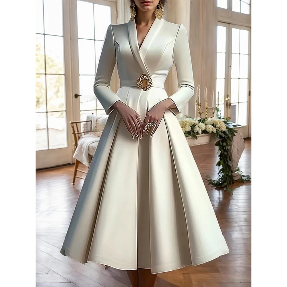 우아한 여성 드레스 랩 V 넥 긴 소매 Pleated 미디 드레스 허리 이브닝 파티 드레스 여성 긴 드레스 Vestidos