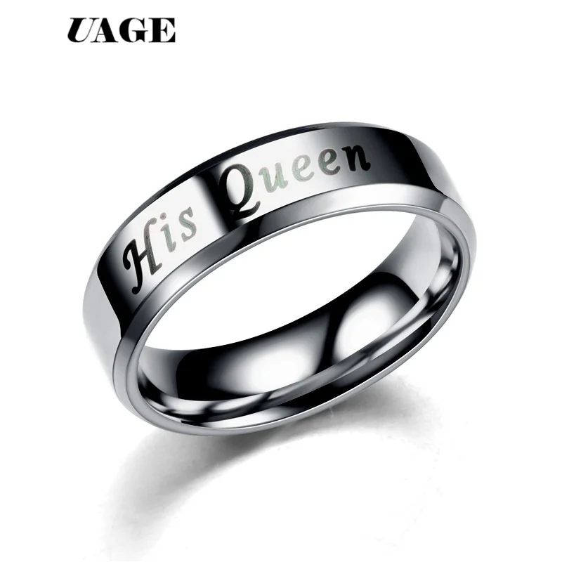 UAGE Titanium His Queen Her King DIY Engraved Couple Ring Romantic Engagement Wedding Rings For Men Women Jewelry