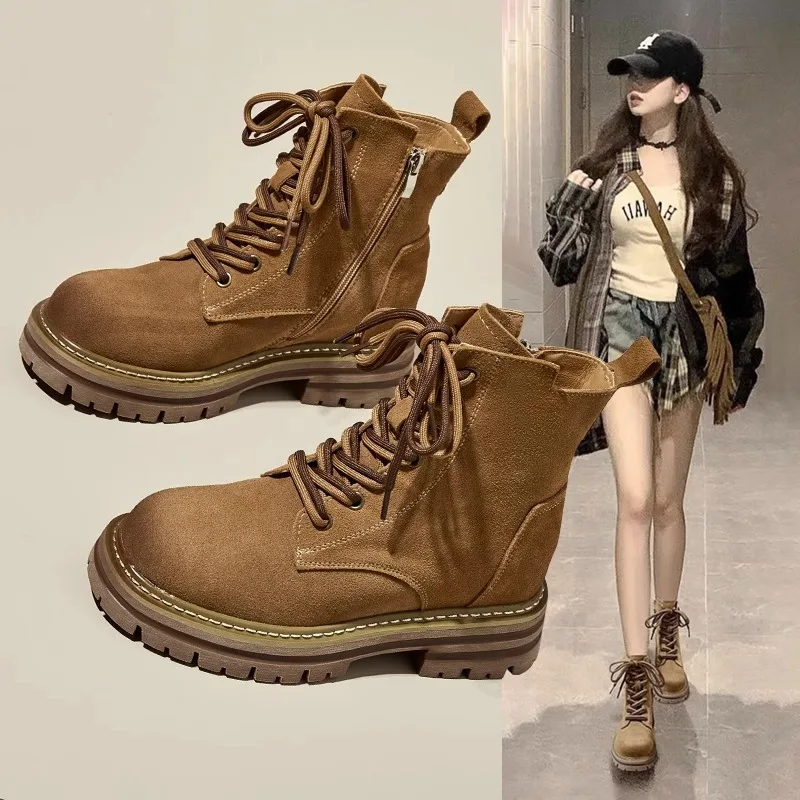

Genuine leather women's 2025 autumn and winter new retro workwear Western cowboy boots thick soled height increasing short boots