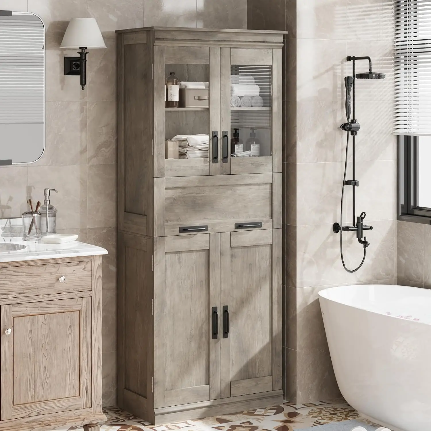 Vielseitiger Badezimmerschrank 67 cm hoch – 4 Türen, Schublade, verstellbare Einlegeböden, freistehend, ideal für Badezimmer, Küche, Wohnzimmer – modernes Design, Grau – Doppelreihe