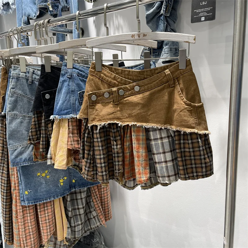 

Summer New Tide Fashion Plaid Patchwork Design Irregular Denim Skirt Women's American Style Low Waist A-line Skirts