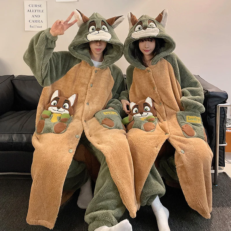 Winter Women Robe Pajamas Men Sleepwear Kigurumis Bear Couple Homewear Coral Velvet Nightie Long Plush Hooded Thick Robe Suit