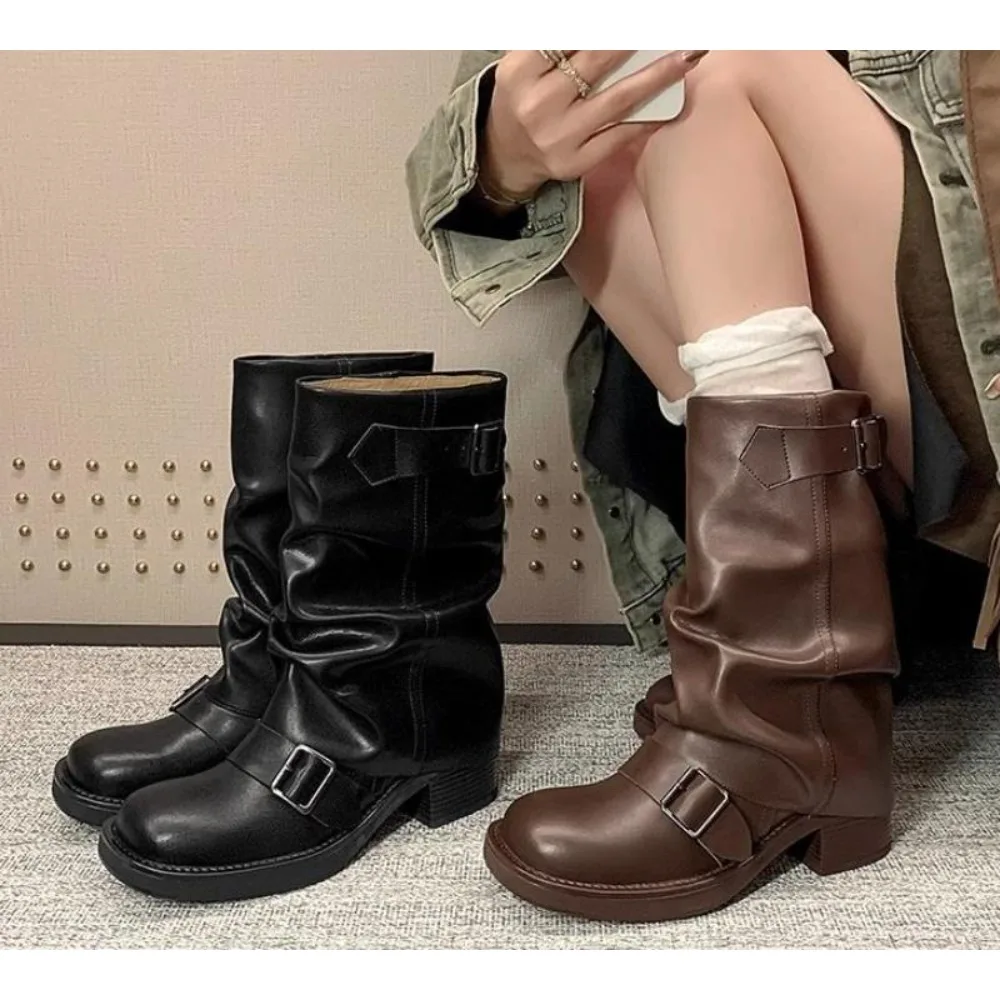 

Autumn Winter Thick High Heels Women Mid Calf Boots 2023 Hot Sale Gothic Calves Motorcycles Boots Buckle Comfy Walking Boots