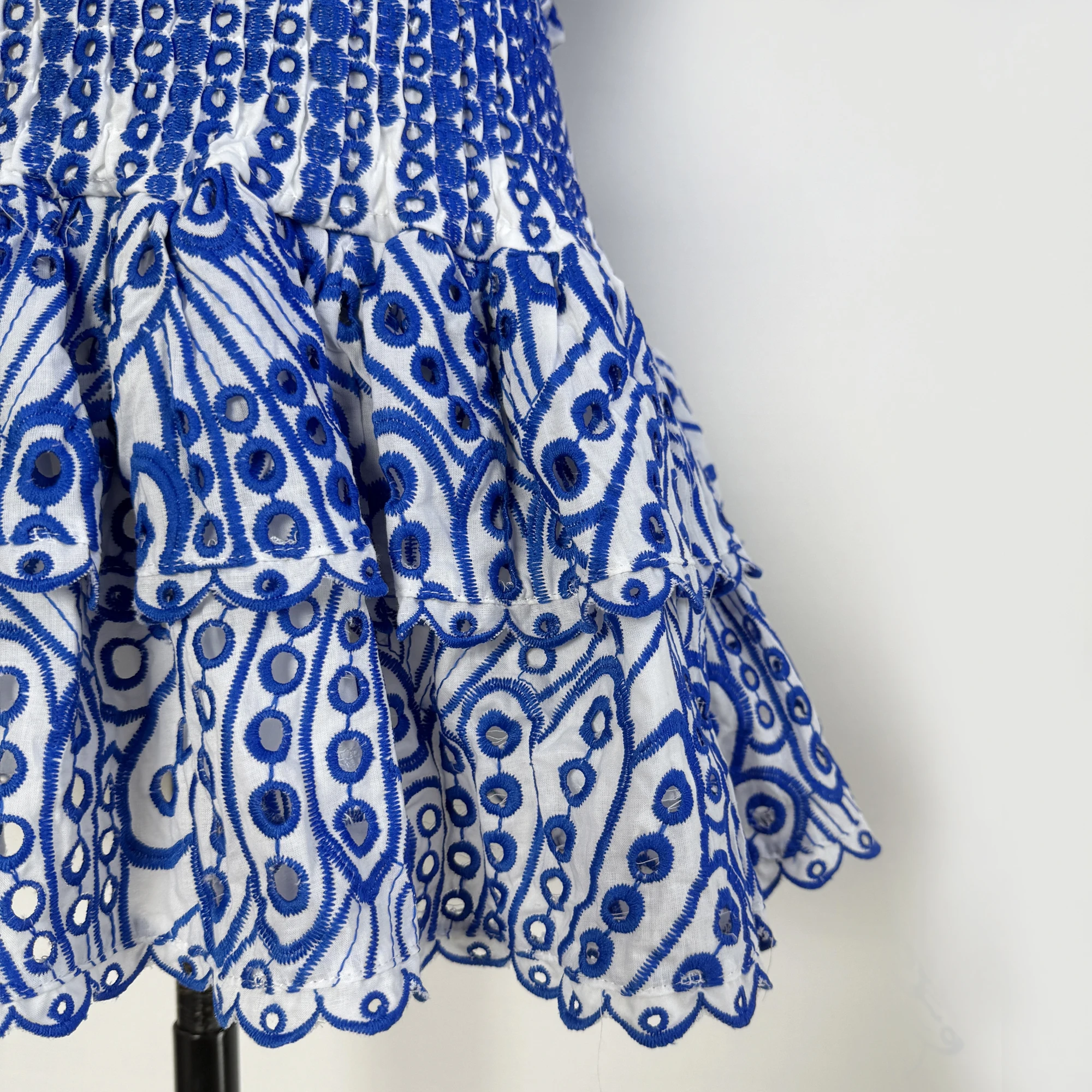 Beach Floral Two Pieces Set For Women Summer Cotton Embroidery Sexy Slash Neck Ruffles Crop Tops + A-Line Mini Skirts Suits