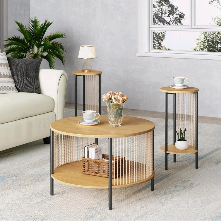 

！@Combohome Round Wooden Melamine Rattan Coffee Table and Two End Tables Boho Natural Fiber Rope Coffee Table Set