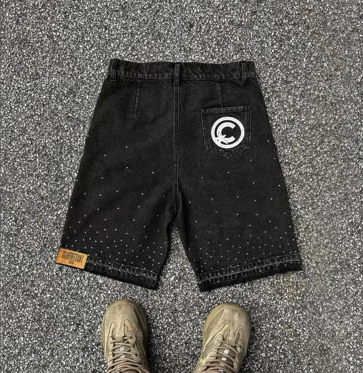 Letter patchwork embroidered jeans five-pointed star summer Harajuku rock hip-hop diamond pants men's personalized design shorts