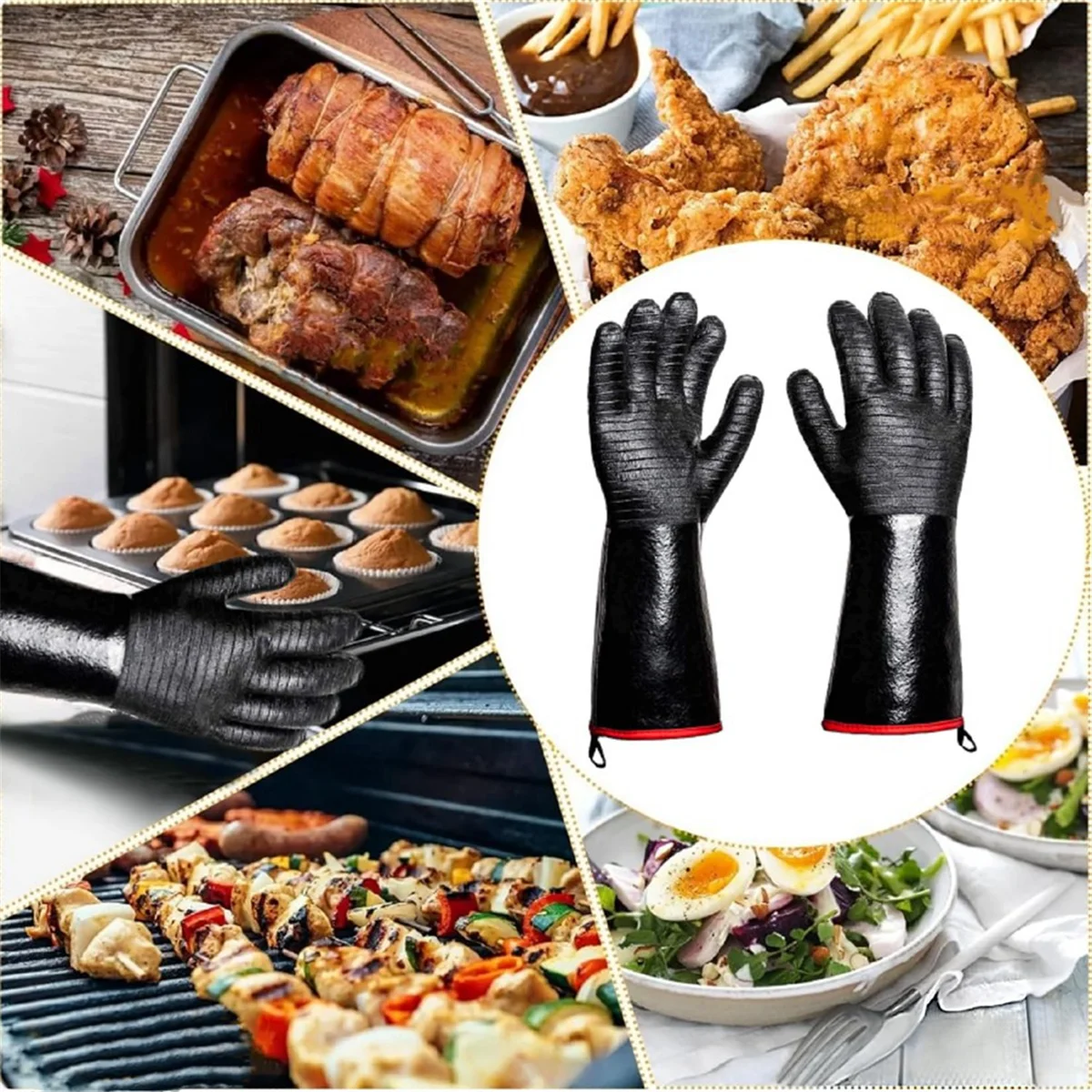 Guantes para barbacoa - 1472 ° Guantes térmicos gruesos F con gancho en S, manoplas para horno de cocina de 14 pulgadas, guantes impermeables para parrilla