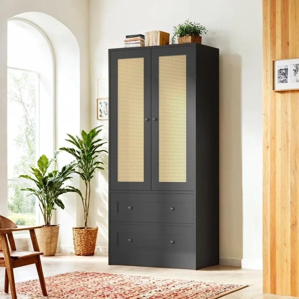 

Rattan Black Kitchen Pantry Cabinet, Kitchen Storage Cabinet with Doors and Drawers, Freestanding Wooden Storage