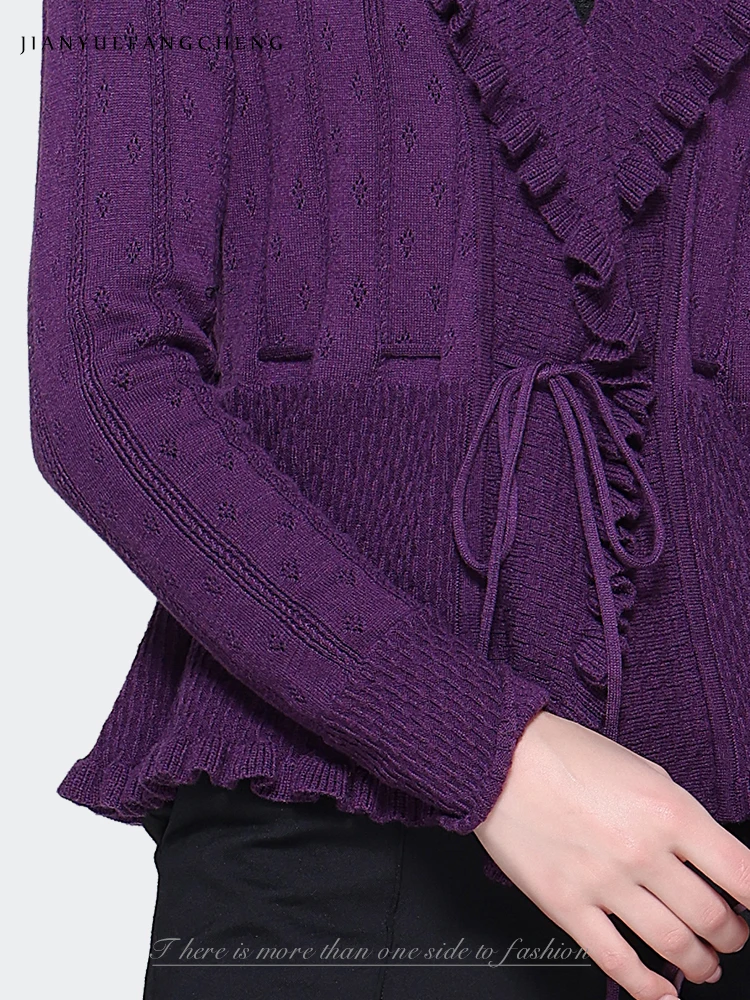 Fashion Women Purple Knitted Sweater Cardigan V-Neck Short Slim Drawstring Wool Tops Casual 2023 Autumn Winter Outwears