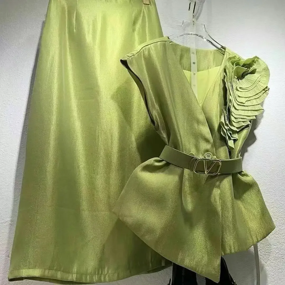 

New High End Fashion Party Women's Two Pieces Set Spring 3d Floral Ruffle Shirt Jacket + High Waist Midi Skirt Elegant Suit