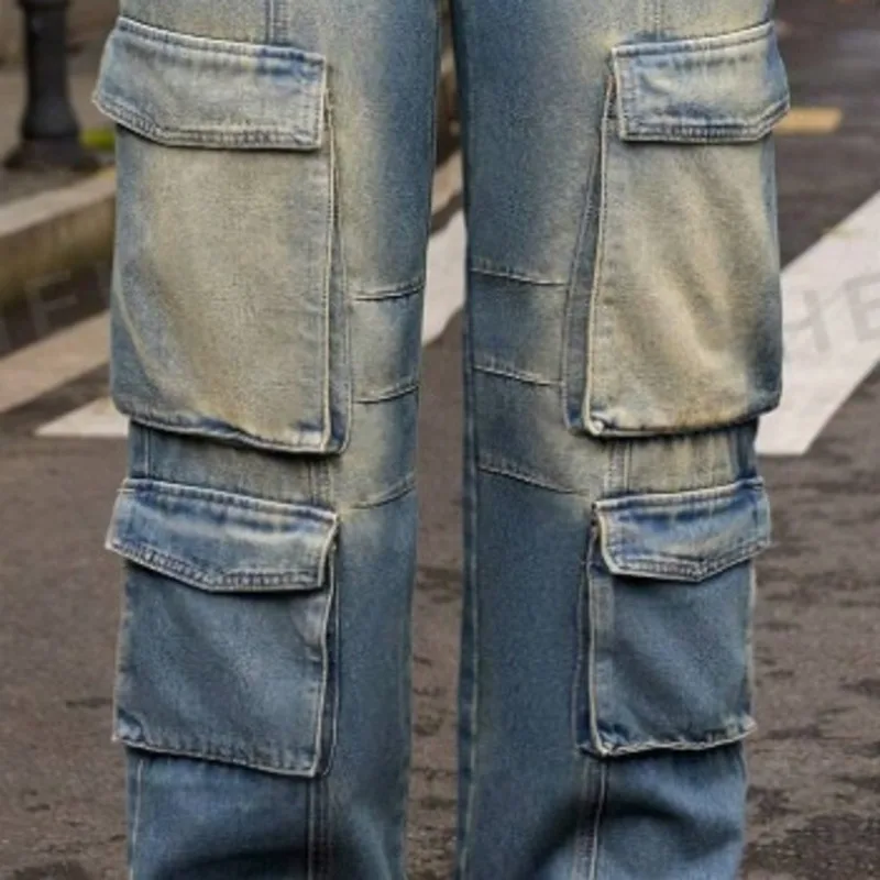 ANJY 秋の新女性 Y2K シックなカーゴジーンズストリートマルチポケットユーズド加工ストレートヴィンテージストリート潮インデニムパンツ A9122