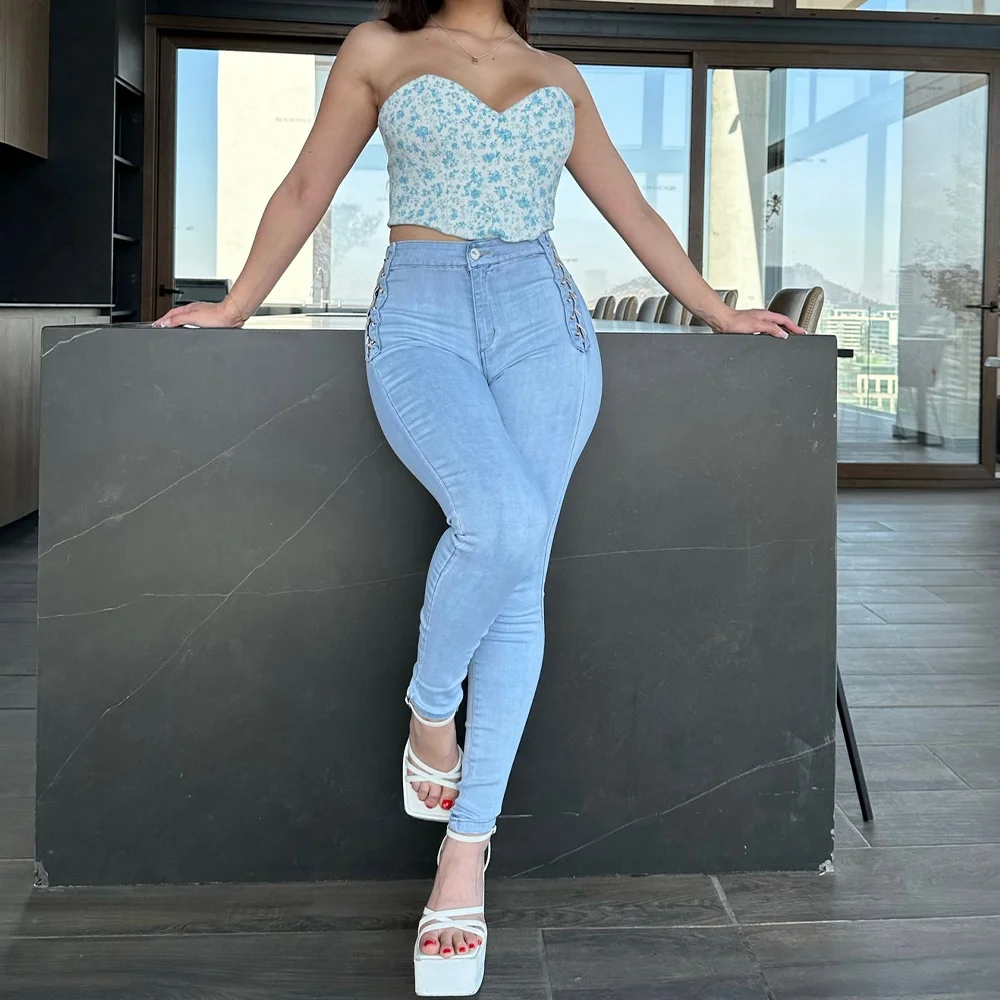 2023 Women's Pants High Waist Elastic Jeans New Lace up Design Fashion Slim Fit  Skinny Denim Pants Versatile Y2k Sexy Trousers