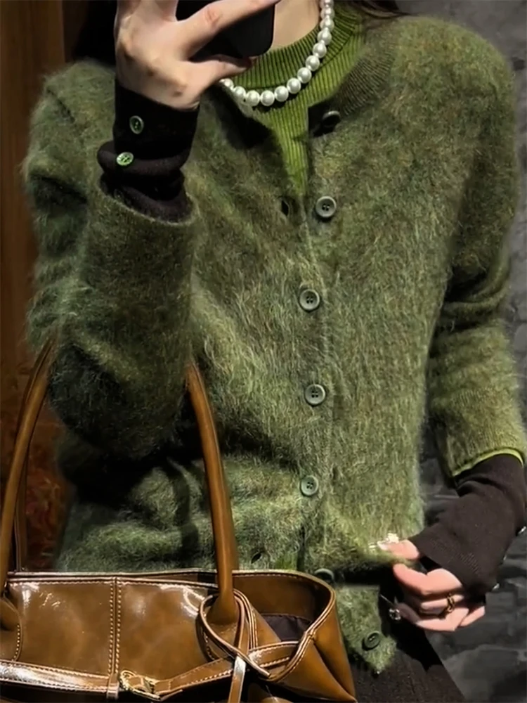 

Retro Korean een round Ne Knitted Open Cardigan Autumn Winter New Sle plus Size Ele Slimming Women's Top