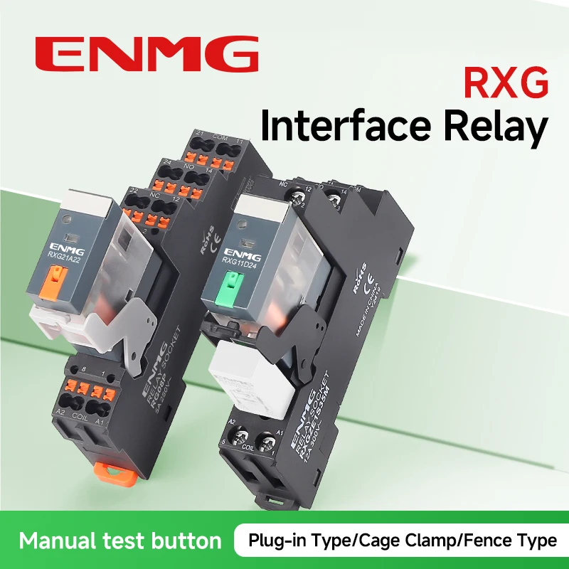 ENMG RXG21D24 Slim Miniature Intermediate Relay 24V DC Coil 220V AC DIN Rail with Test Button for Industrial Automation