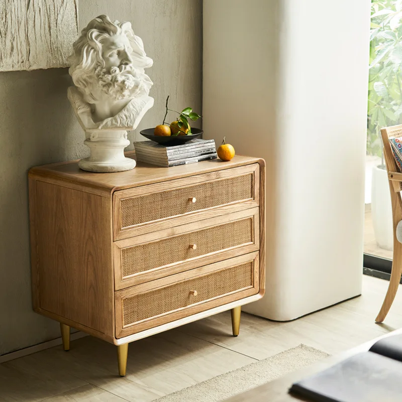 

Nordic solid wood three-bucket cabinet simple modern locker bedroom multi-functional bedside table rattan storage cabinet B & B