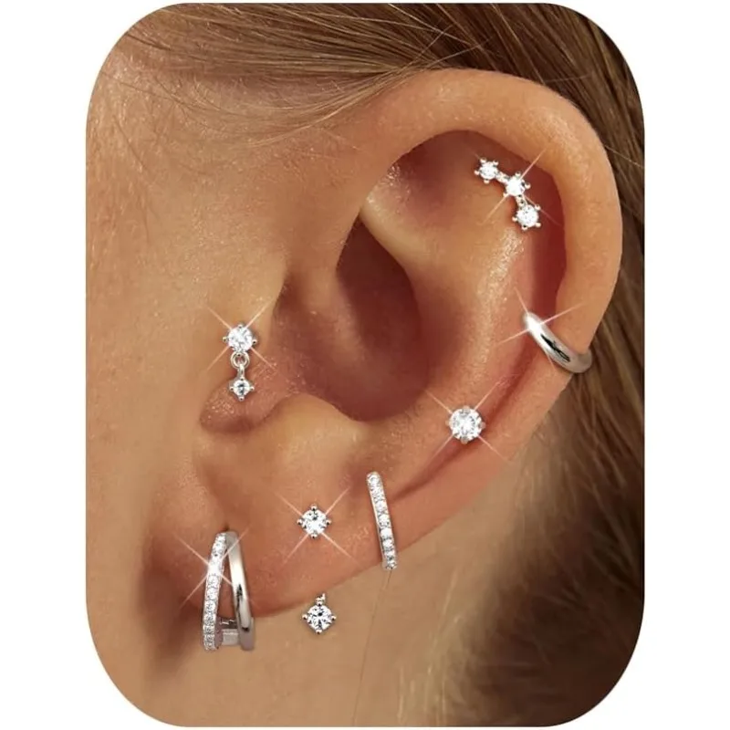 7 Pairs 14K Gold Plated Earrings for Women,Hypoallergenic Earring Stack Small Stud Hoop Earrings for Women Huggie Earring Sets for Multiple Piercing,Dainty Cartilage Earrings