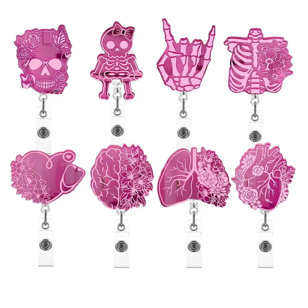 Pink Nurse Retractable Badge Reel Acrylic ID Card Clips Name Card Holder Work Card Clips 360 Rotating Alligator Clip