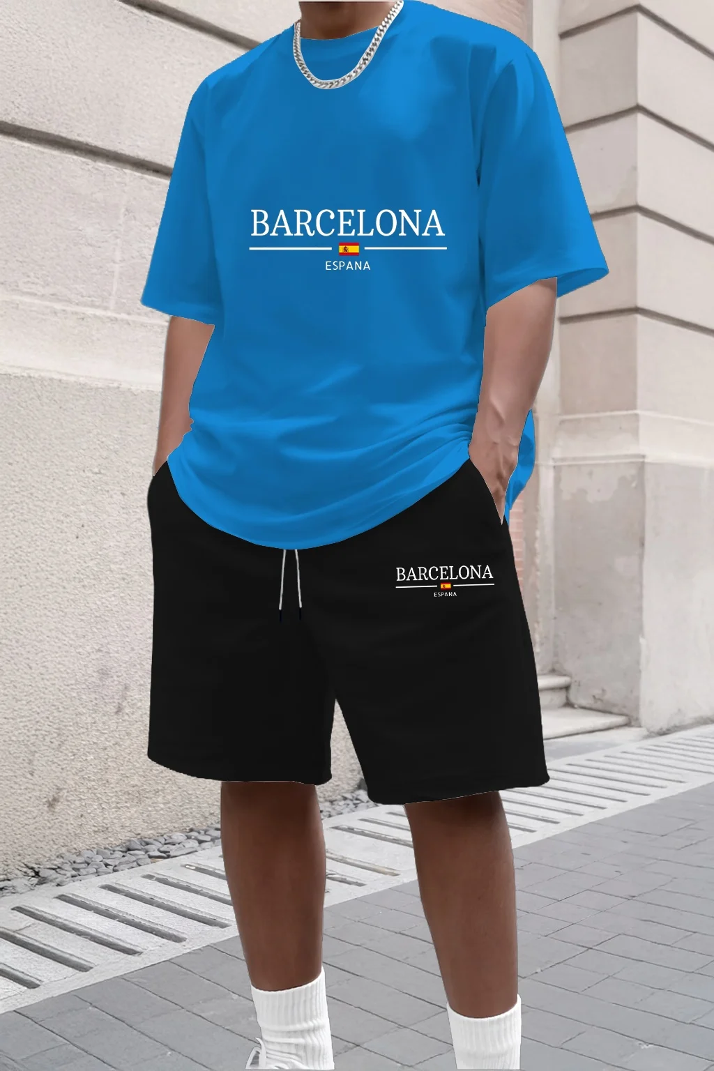 

Men's Summer Fashion Milan Letter Print Loose Casual Comfortable Round Neck Short Sleeved Breathable Sports Set Two-piece Set