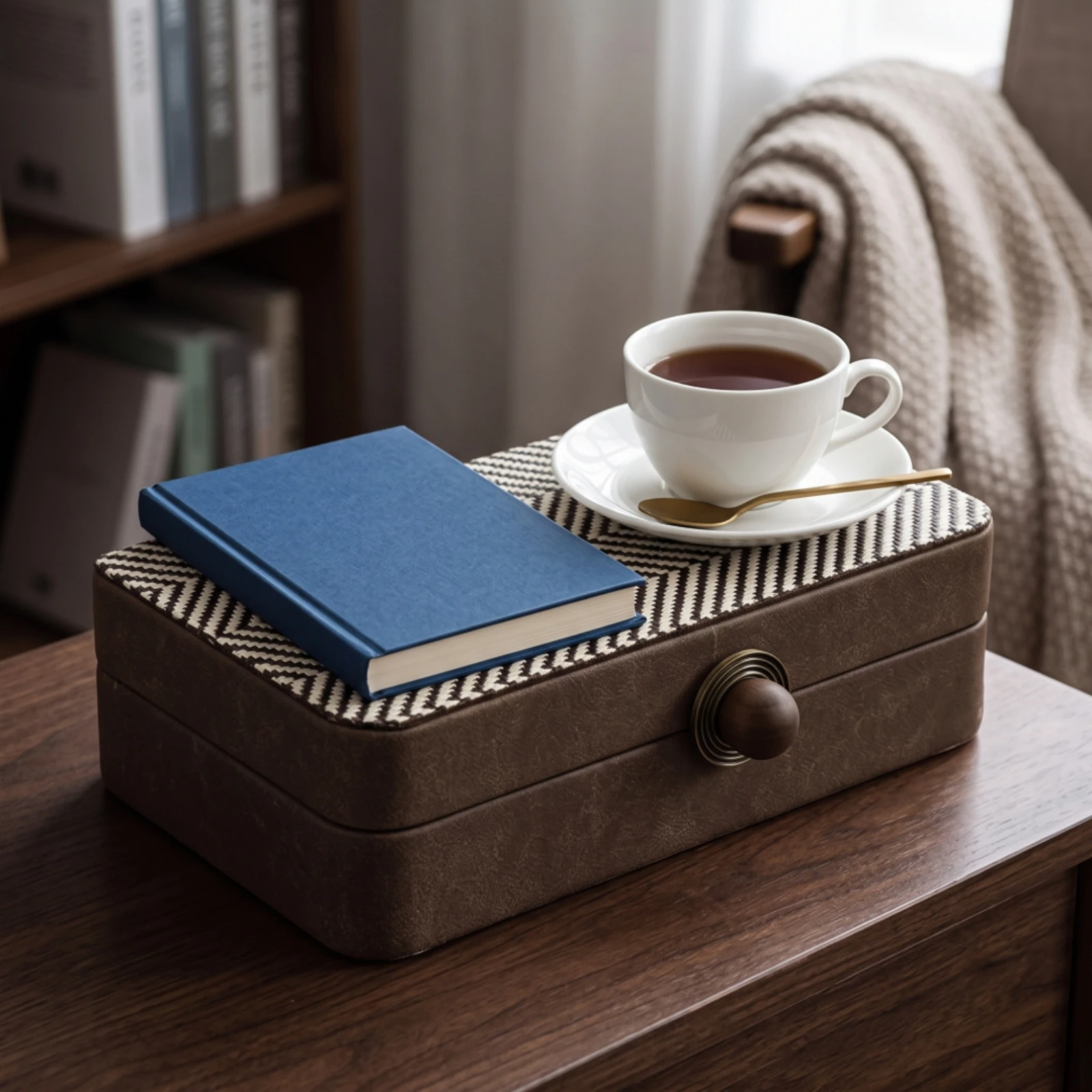 Tissue Box with Wooden Knob Elegant Desktop Storage Box Desk Organizer Retro-Style Practical for Vanity, Bedside Table