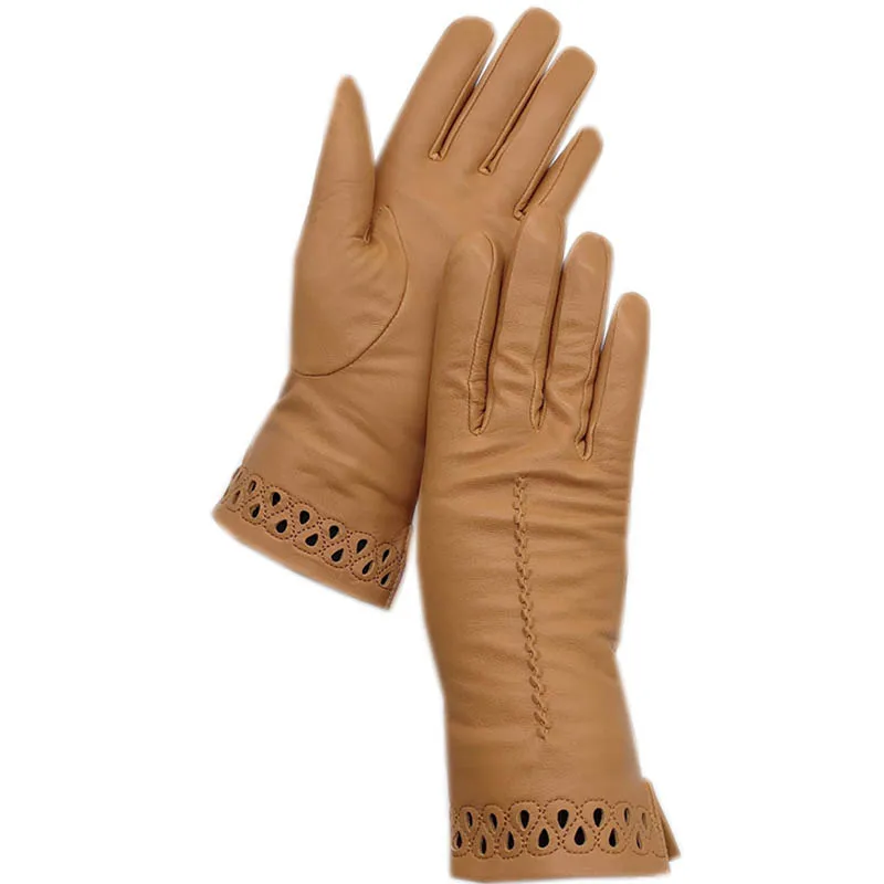 Winter Women\'s Fashion Sheepskin White Gloves Wrist Ladies New Yellow Genuine Leather Warm Wool Lined Leather Gloves Comfortable