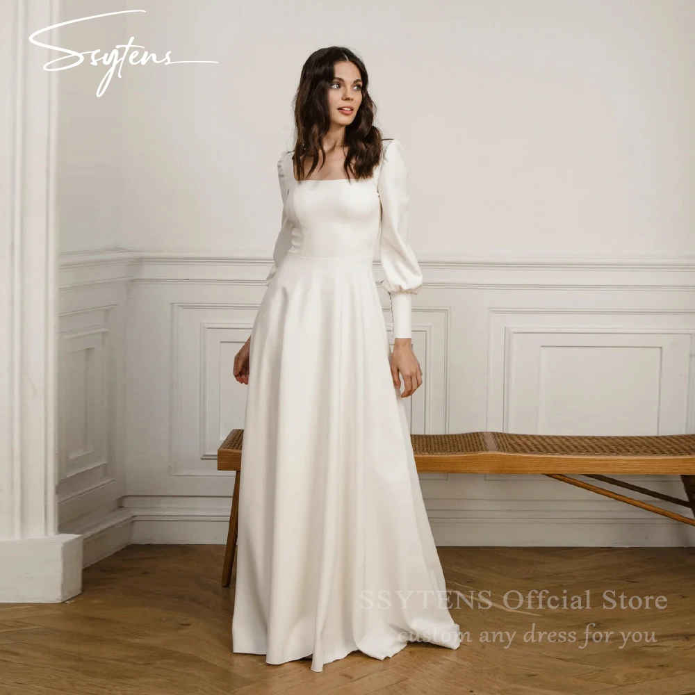 SSYTENS élégant col carré une ligne robes de mariée manches longues longue robe de mariée femme dos ouvert plis robe de mariée personnalisée