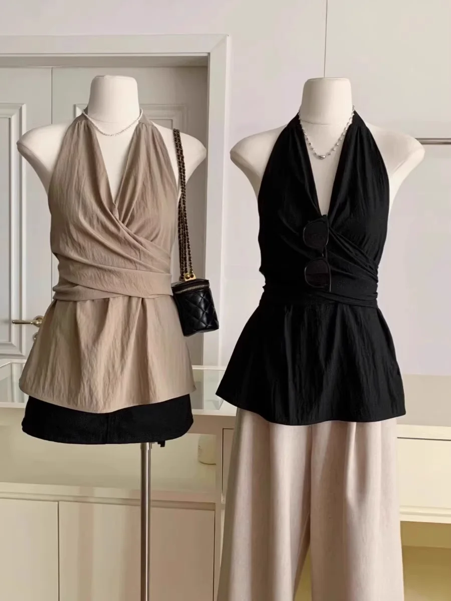 

Slimming V-Neck Sleeveless Women's Tank Top Belted French Style Fashionable Summer Shirt Short Length Plain Color Casual Wear