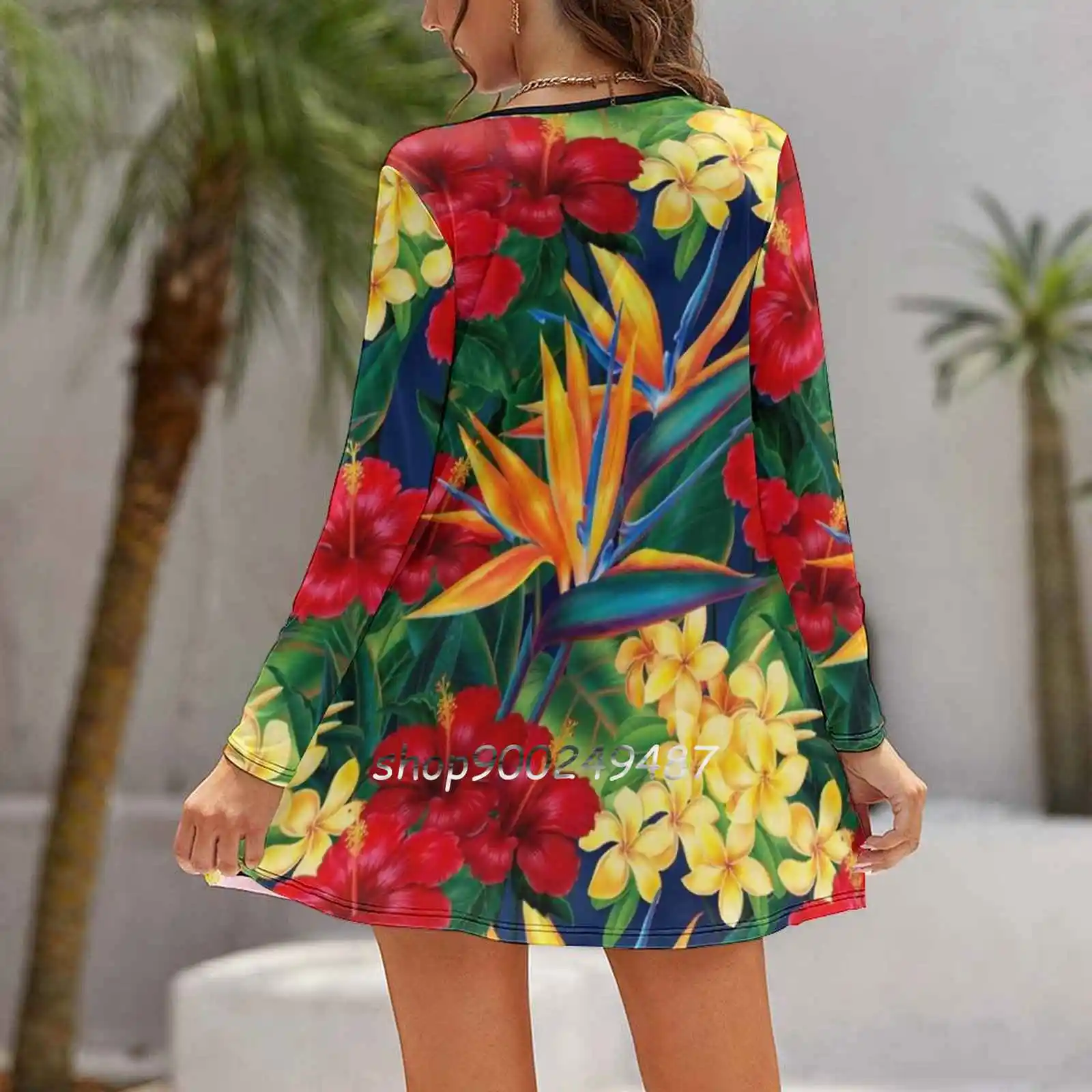 Tropical Paradise Hawaiian Birds Of Paradise Illustration Elegant Party Women Dress Slim V Neck Long Sleeve Dress Casual