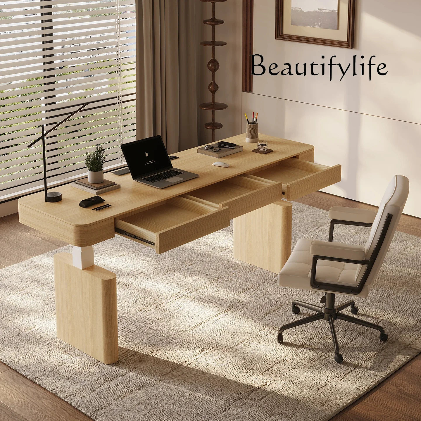 

V White Wood Solid Wood Electric Lifting Table Modern Office Computer Desk Double Motor With Drawers Study Table