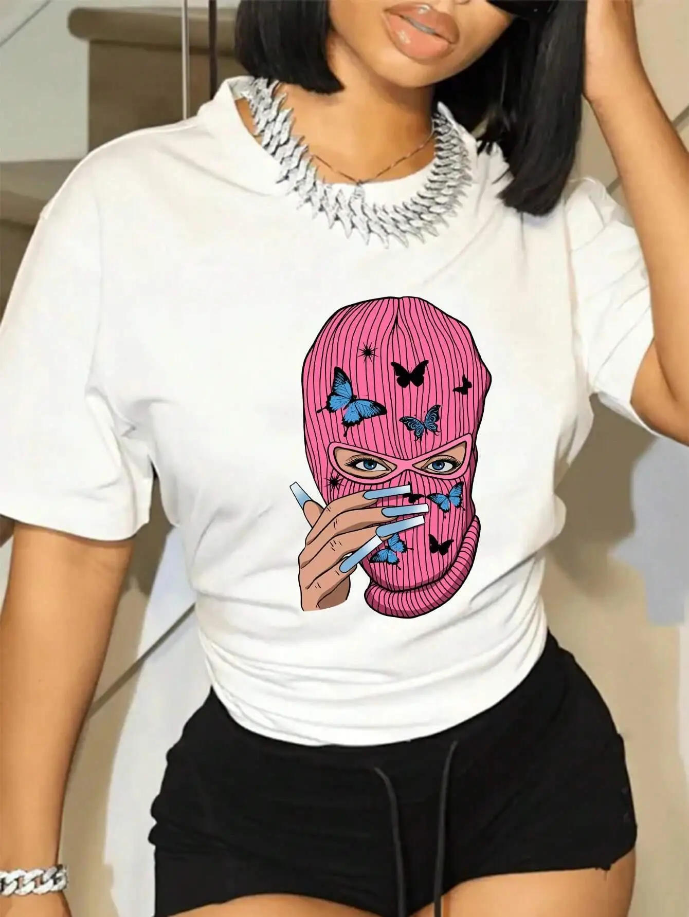 Women T-Shirt Women\'S Masks & Butterflies Print Short Sleeve Summer Fashion O-Neck Tees Clothing Soft Oversize Female Clothes