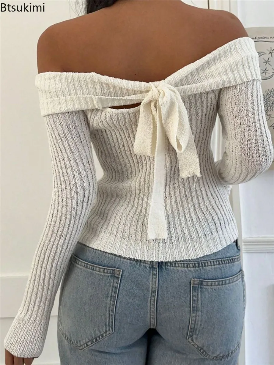 Autumn New Women's Open Back Bow Top Sexy Bodycon Knitted Sweater with Off Shoulder Design Slimming Figure Hugging Party Blouse