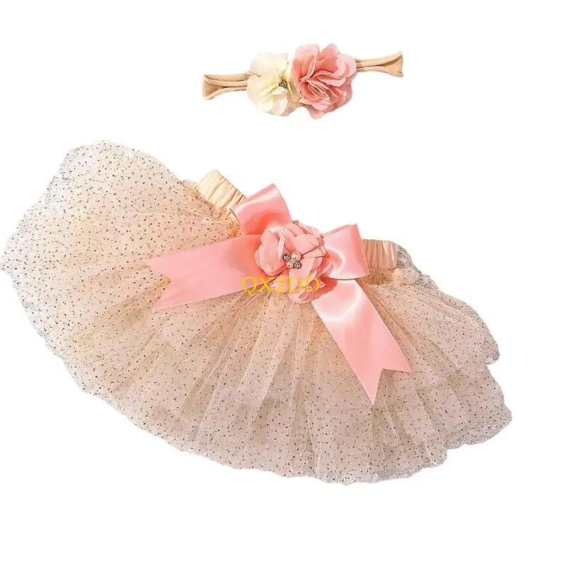 QX2D Sophisticated Newborn Photo Dress Set Elastic Tulle Skirt Glitters Bows Flower Headpiece baby girls