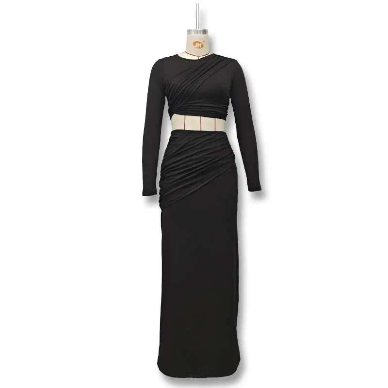 Pleated Two 2 Piece Sets Evening Prom Dress Womens Outfits Round Neck Irregular Tank Tops and Long Casual Skirt Matching Set