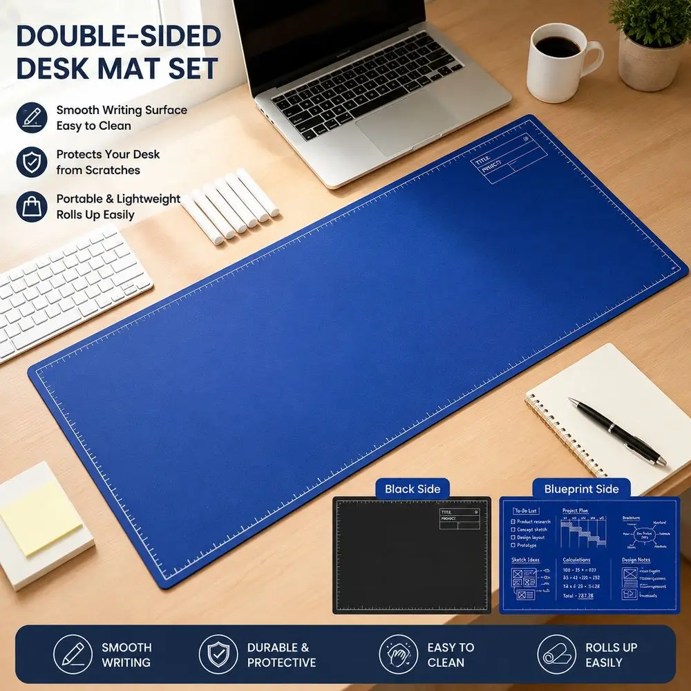 Double-Sided Double-Sided Desk Mat Portable Blue Drawing Table Mat Rounded Corners Smooth Surface Writing Desk Pad
