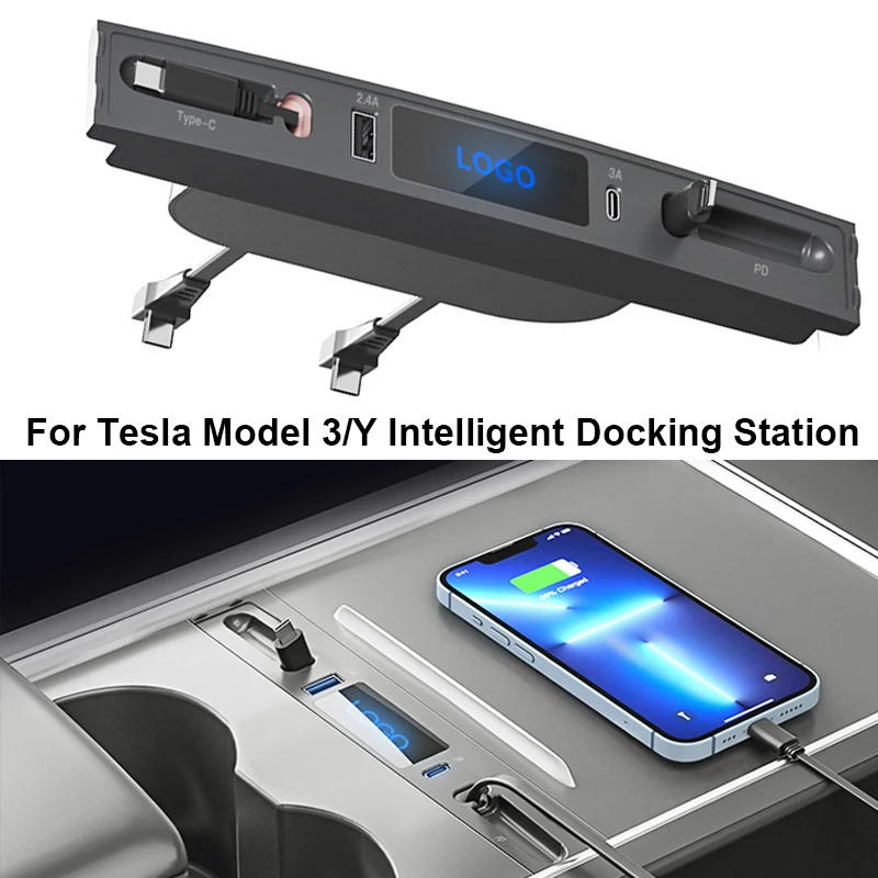 

For Tesla Model 3 Model Y 27W Type-C PD Fast Charging USB Charger HUB Intelligent Docking Station Car Adapter
