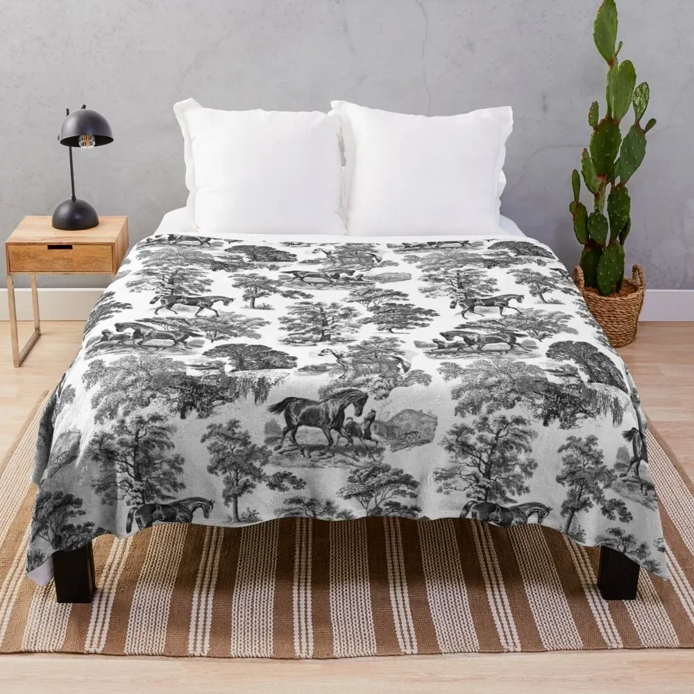 

Classy Elegant Rustic Black and White French Country Toile Horses Pattern Throw Blanket Tourist heavy to sleep Blankets