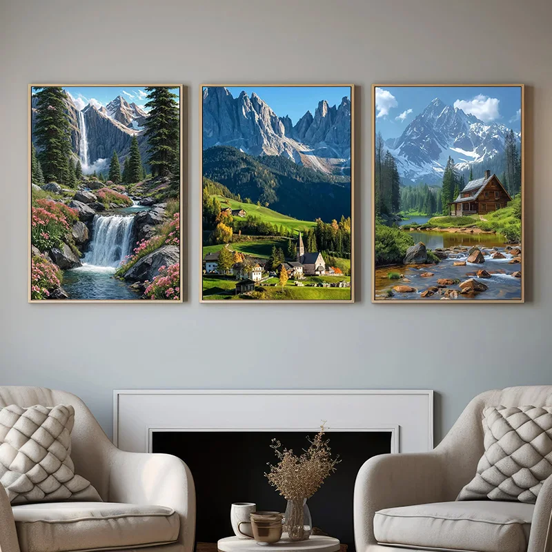 Natural Landscape Forest Flower Hut Stream Waterfall Trees Mountain View Poster Canvas Painting Wall Art HD Pictures Home Decor