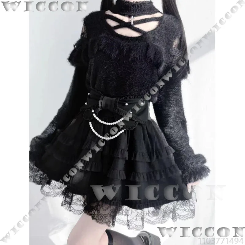 Kostum Cosplay Gadis Jirai Kei Pakaian Idola Bawah Tanah Sweater Bertali Rok Tipis Pita Kue Gaun Hitam Putih Wanita Disesuaikan;