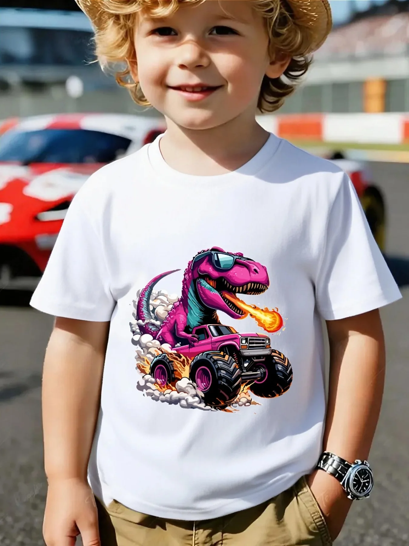 Cute Pink Dinosaur Monster Truck Fire Print Family Matching T Shirt Boys Girls Short Sleeve Parent Child Soft Cotton Casual Tops