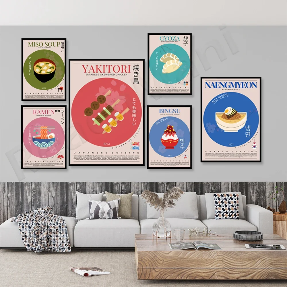 Korean soju, cold noodles, japanese food, onigiri, udon, yakitori, ramen, miso soup, sushi, korean japanese food kitchen poster