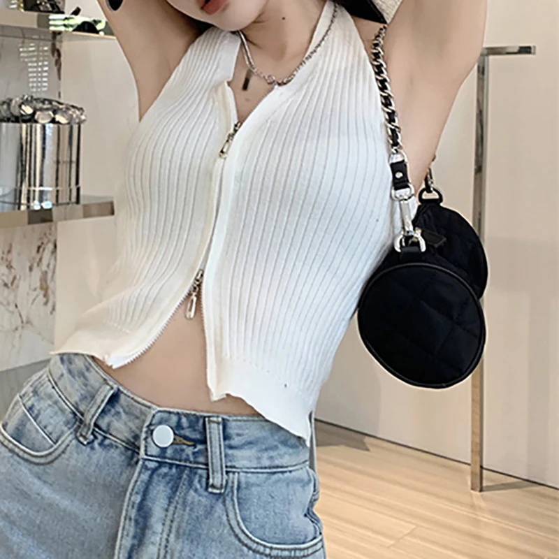 V-neck Camis Women Hotsweet Sexy Halter Crop Tops Zipper Streetwear Pure Sleeveless Chic