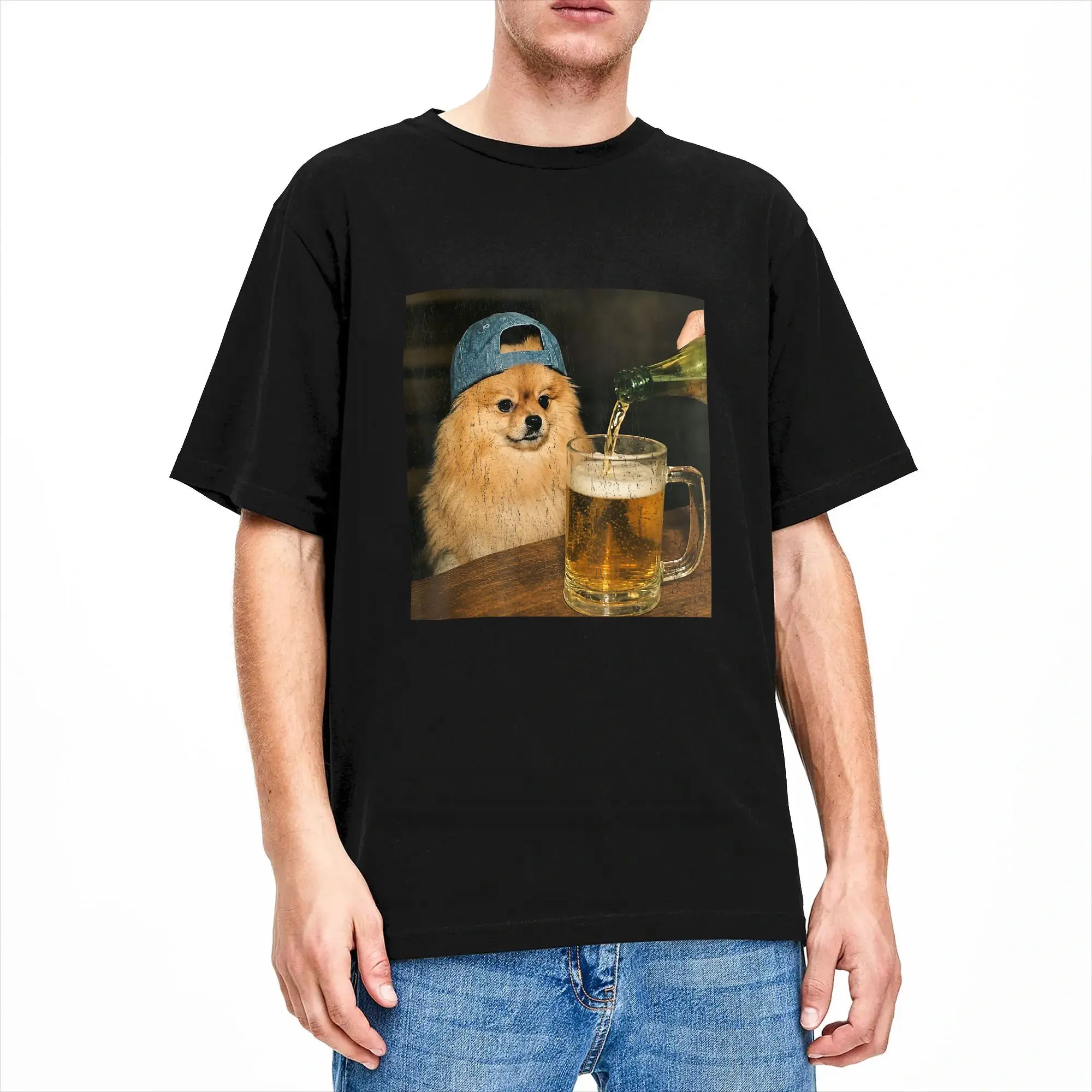 Pomeranian Drinking Beer T-Shirts Fathers Day Dog  100 Cotton Tops Summer Short-Sleeved T-Shirt O-Neck Fashion Casual Tee Shirt