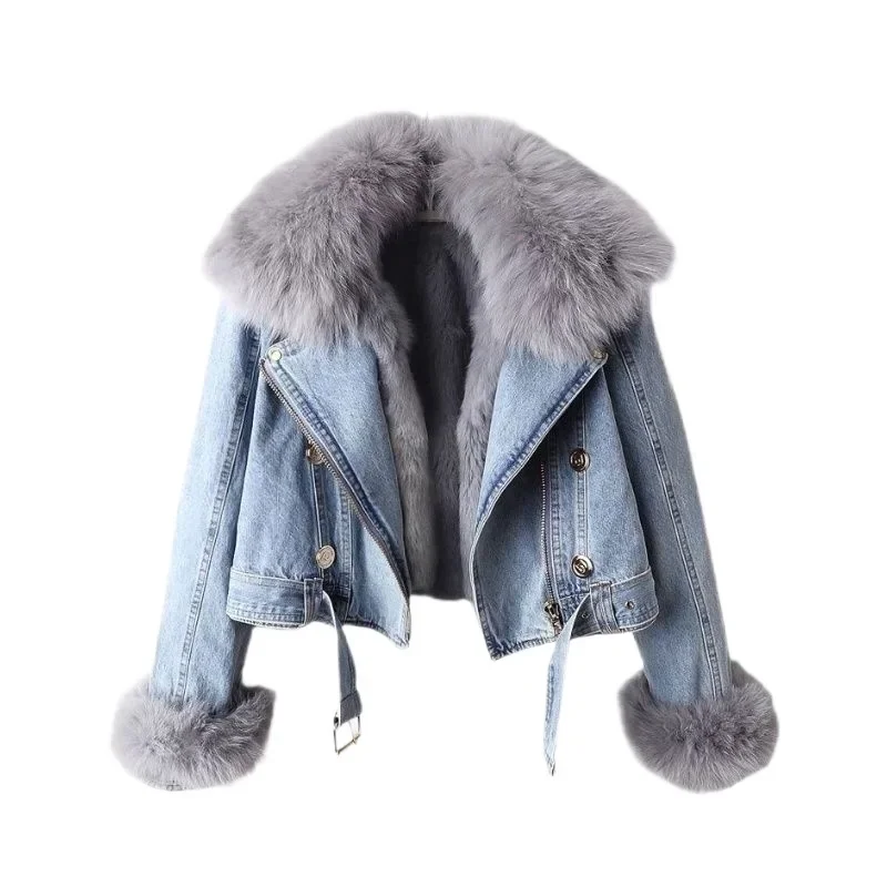 Faux Fur Fox Coats Denim Coat Women Y2k Jeans Turn Down Collar Maxi Short Jackets Elegant Splice Autumn Winter Thick Zipper