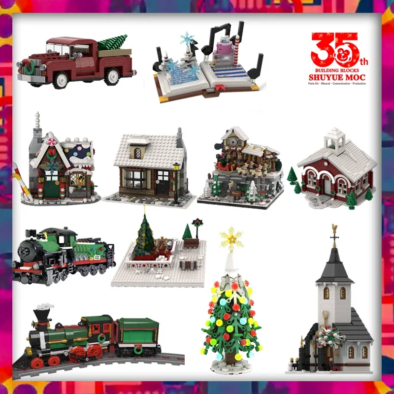 block build christmas vacation house xmas train puzzle santa holiday building blocks for adult christmas village sets for 2024