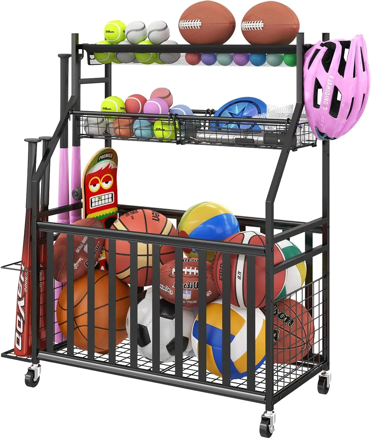 

Garage Sports Equipment Organizer,Sports Ball Organizer with Wheels,Mesh Pocket, Basket,Ball