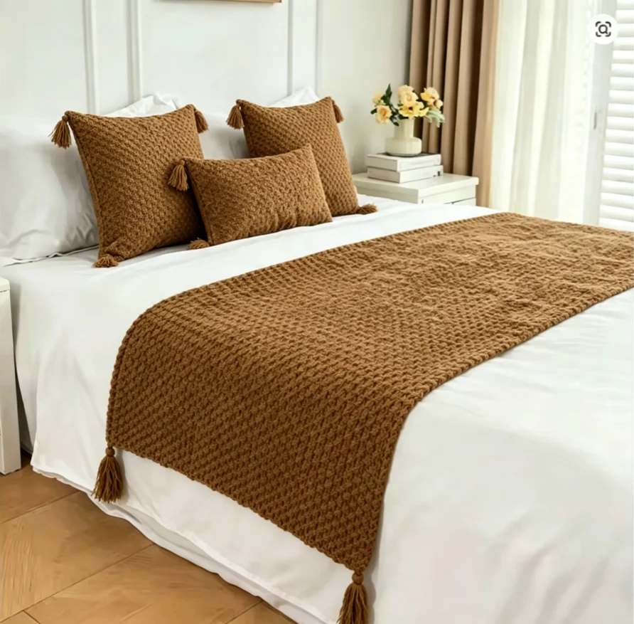 Nordic Style Textured Knitted Throw Blanket Bed Scarf, All‑Season Soft Air‑Condition Blanket for Sofa Bed Office Nap