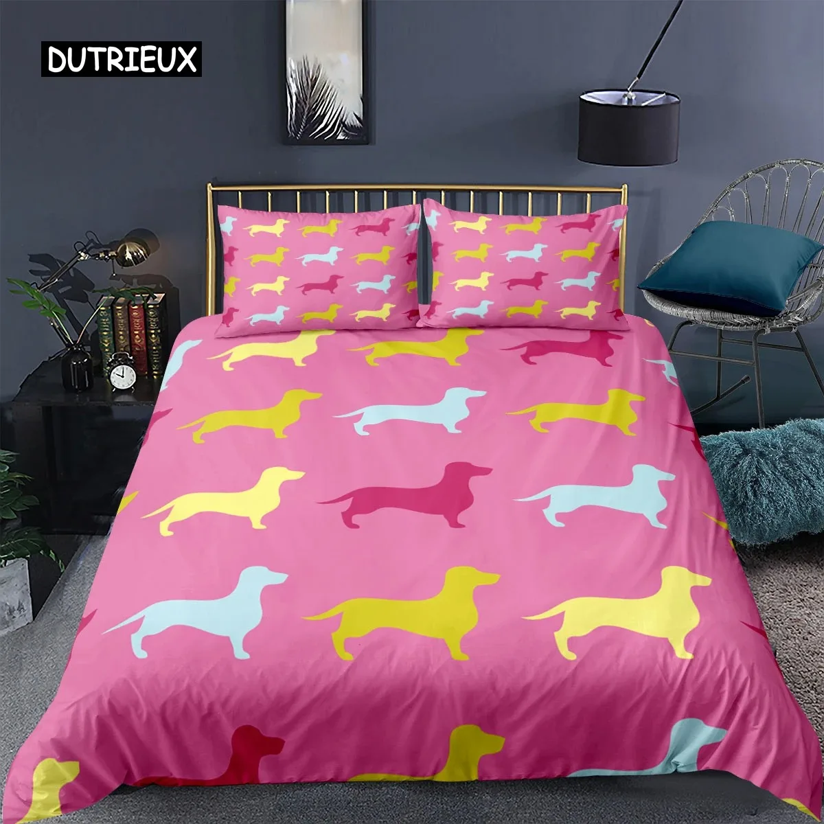 Dachshund Dog Bedding Set, Cute Colorful Puppy Duvet Cover, Cartoon Polyester Quilt Cover, Pet Dog Home Textiles King Queen