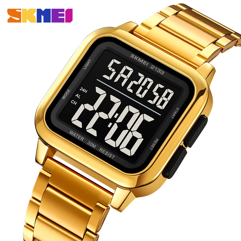 SKMEI New Luxury Stainless Steel LED Light Sport Fashion Watch Mens 3Bar Waterproof Digital Wristwatches Male Alarm Reloj Hombre