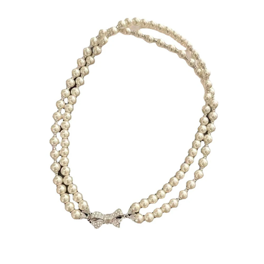 To Reines Crystal Bow Double Pearl Luxury Necklace Woman Quality Jewelry Trendy Design Attractive Girlfriend Anniversary Gift image 5